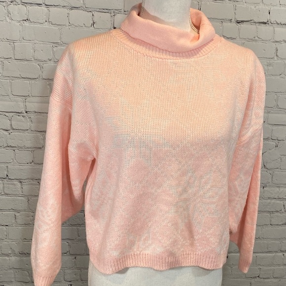 YOU SAY (by Nuggets) Vintage 80's Turtleneck Sweater Snowflake Pink/White-S/M - Picture 5 of 6